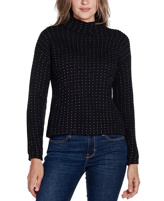 Belldini Black Label Women's Embellished Mock Neck Ribbed Sweater