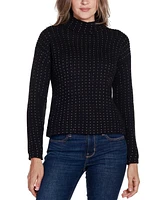 Belldini Women's Black Label Embellished Mock Neck Ribbed Sweater