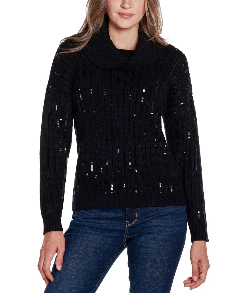 Belldini Women's Black Label Sequin Trim Cowl Neck Sweater