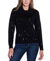 Belldini Women's Black Label Sequin Trim Cowl Neck Sweater