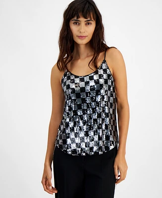 Bar Iii Women's Checkerboard Sequin Sleeveless Top, Created for Macy's