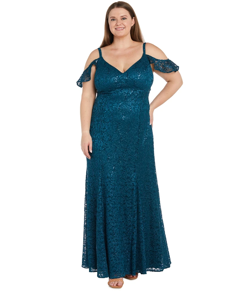 R & M Richards Plus Sequin Lace Cold-Shoulder Gown