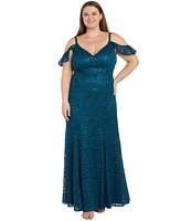 R & M Richards Plus Sequin Lace Cold-Shoulder Gown