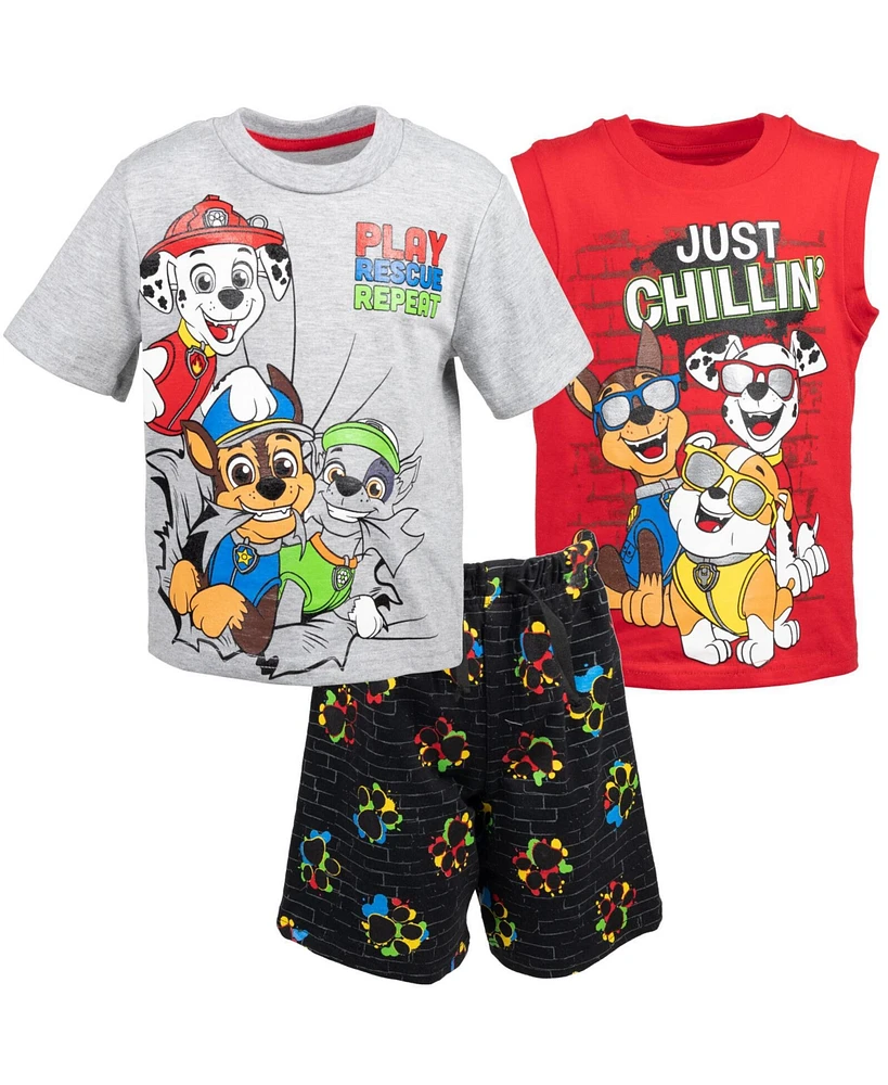 Paw Patrol Toddler Boys Rocky Rubble Marshall T-Shirt Tank Top and French Terry Shorts 3 Piece Outfit Set to