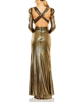 Mac Duggal Women's Princess Sleeve Cut Out Metallic Gown