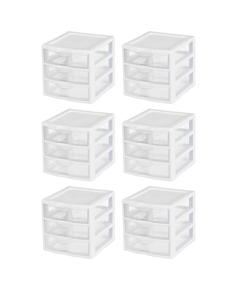 Sterilite ClearView Plastic Small 3 Drawer Desktop Storage Unit, White, 6 Pack