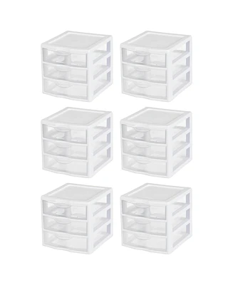 Sterilite ClearView Plastic Small 3 Drawer Desktop Storage Unit, White, 6 Pack