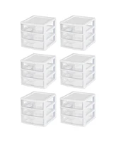 Sterilite ClearView Plastic Small 3 Drawer Desktop Storage Unit, White, 6 Pack