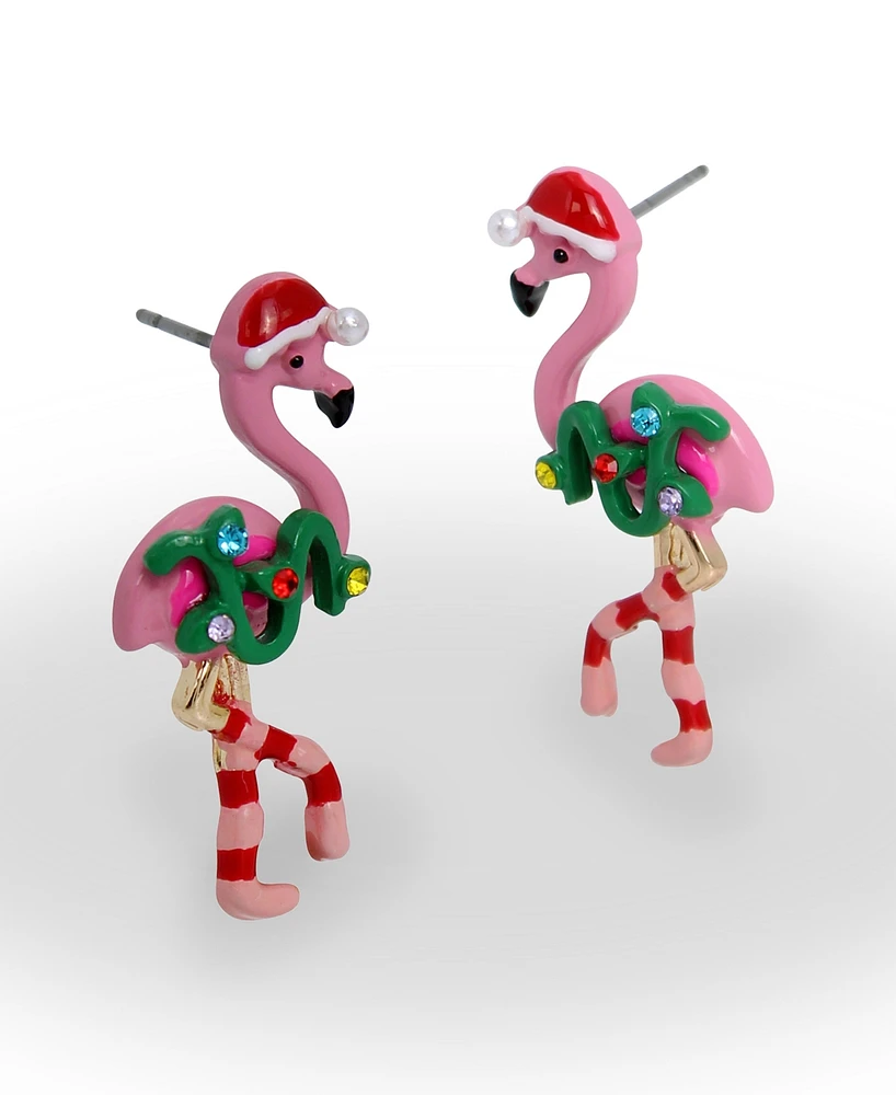 Betsey Johnson Faux Stone Jingle Bell Bling Christmas Flamingo Stud Earrings