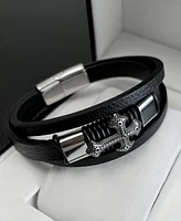 Rhona Sutton Cross Black Leather Stainless Steel Bracelet