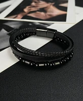 Rhona Sutton Black Leather Beaded Stainless Steel Bracelet