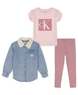 Calvin Klein Toddler and Little Girls Sherpa-Trim Denim Shacket, Short Sleeve Monogram Tee Ribbed Leggings, 3-Piece Set