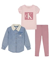 Calvin Klein Toddler and Little Girls Sherpa-Trim Denim Shacket, Short Sleeve Monogram Tee Ribbed Leggings, 3-Piece Set