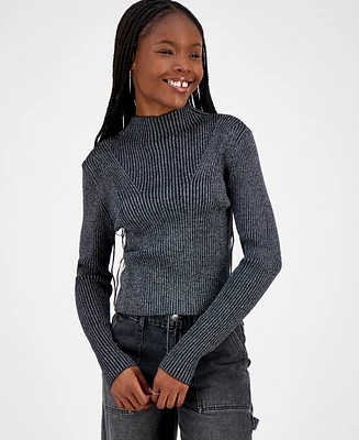 Madden Girl Juniors' Metallic Ribbed Mock-Neck Sweater