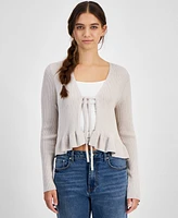 Freshman Juniors' Tie-Front Ruffle Glitter Sweater