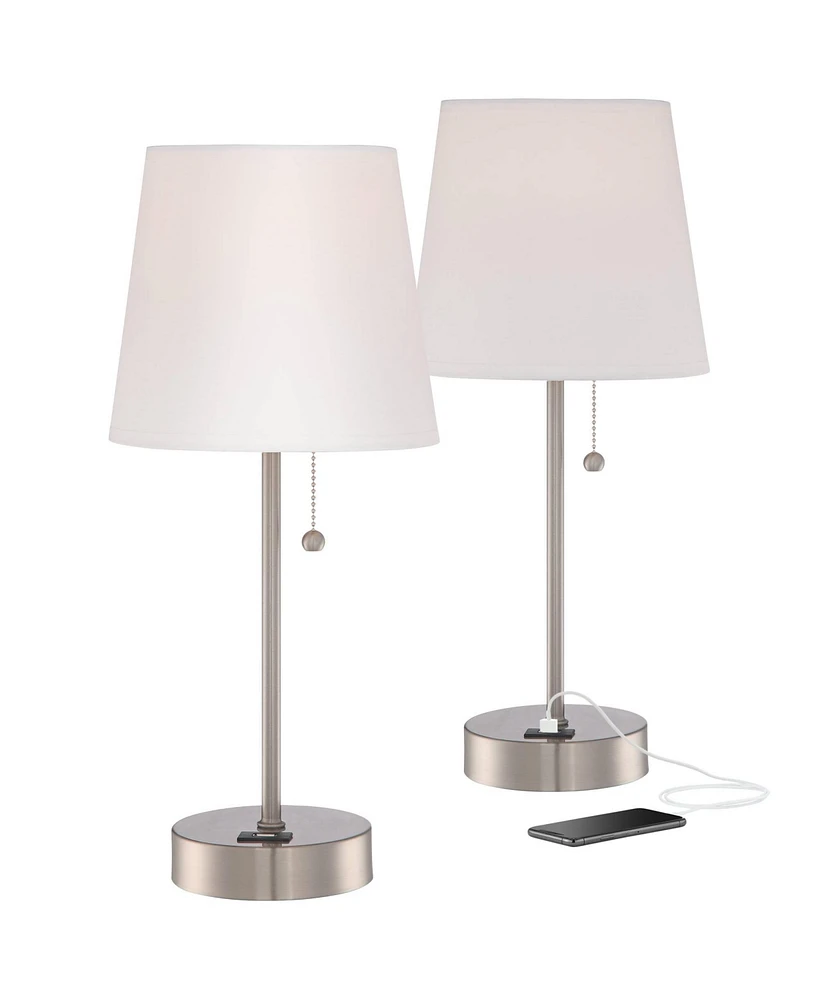 360 Lighting Justin 18" High Small Modern Accent Table Lamps Set of 2 Usb Port Pull Chain Silver Finish Metal White Shade Living Room Charging Bedroom