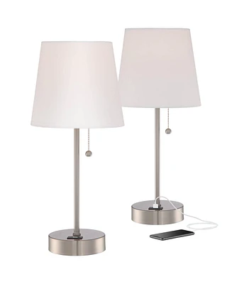 Justin 18" High Small Modern Accent Table Lamps Set of 2 Usb Port Pull Chain Silver Finish Metal White Shade Living Room Charging Bedroom Bedside Nigh