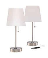 360 Lighting Justin 18" High Small Modern Accent Table Lamps Set of 2 Usb Port Pull Chain Silver Finish Metal White Shade Living Room Charging Bedroom