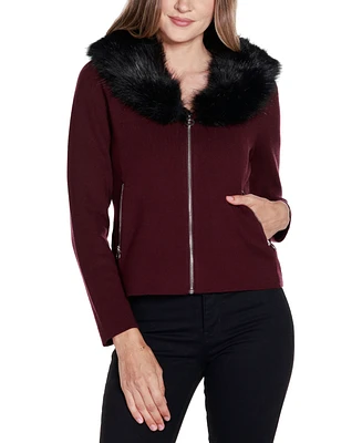 Belldini Women's Black Label Faux Fur Collar Short Zip Cardigan Sweater