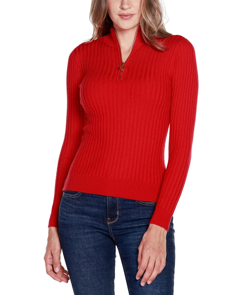 Belldini Black Label Women's Ribbed Mock Neck Half-Zip Sweater