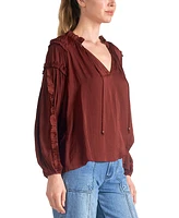 Elan Women's Tie-Neck Ruffled-Trim Long-Sleeve Top