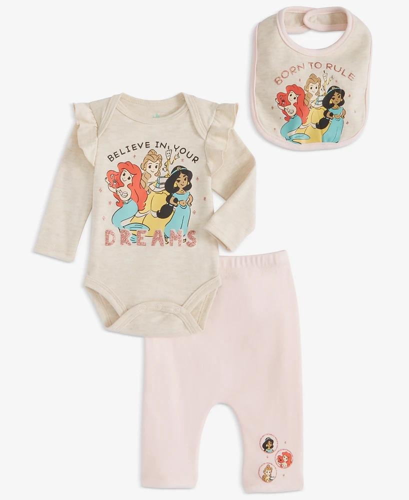 Disney Baby Girls Princesses Bib, Bodysuit & Pants, 3 Piece Set