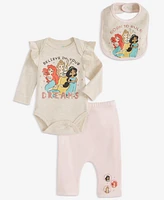 Disney Baby Girls Princesses Bib, Bodysuit & Pants, 3 Piece Set