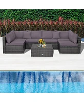 Gymax 7PCS Patio Rattan Sectional Sofa Set Outdoor Furniture w/ Grey Cushions