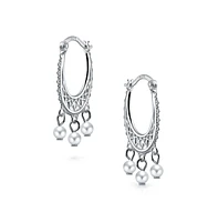 Bling Jewelry Boho Ethnic Indian Style White Freshwater Culture Pearl Tassel Beads Filigree Chandelier Hoop Earrings For Women .925 Sterling Silver Le