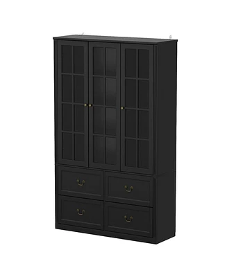 Famapy Gray Wood Bookcase With Tempered Glass Doors and 6-Drawers