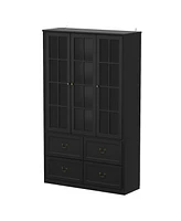 Famapy Grey Wood Bookcase With Tempered Glass Doors and 6-Drawers