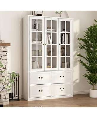 Famapy Gray Wood Bookcase With Tempered Glass Doors and 6-Drawers