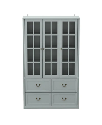 Famapy Gray Wood Bookcase With Tempered Glass Doors and 6-Drawers