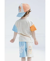 Bluey Boys Drop Shoulder T-Shirt French Terry Shorts and Adjustable Snapback Baseball Cap 3 Piece Outfit Set to