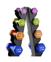 HolaHatha 3, 5, 8, 10, & 12 Pound Neoprene Hexagon Dumbbell Weight Set w/Stand