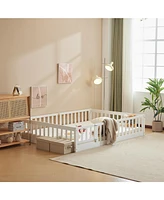 Slickblue Pine Fence Bed with Door and Board, Full Size for Children