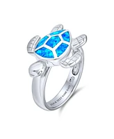 Bling Jewelry Nautical Tropical Beach Vacation Sea Mom Mother Children Tortoise Family Trio Iridescent Blue Created Opal Inlay Turtle Ring For Women