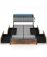 Gymax Led Bed Frame Queen w/ Charging Station Upholstered Headboard 4 Drawers