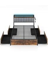 Gymax Led Bed Frame Queen Size w/ Charging Station Upholstered Headboard 4 Drawers