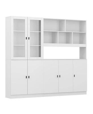 Famapy 14-Shelf Wood Standard Bookcase With Glass Doors, Adjustable Shelves