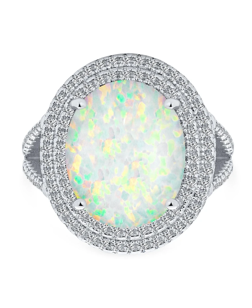 Bling Jewelry White Synthetic Opal Oval Split Shank Pave Cz Accent Double Halo Statement Ring Women .925 Sterling Silver