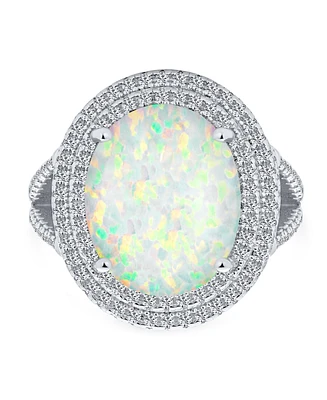 Bling Jewelry White Synthetic Opal Oval Split Shank Pave Cz Accent Double Halo Statement Ring Women .925 Sterling Silver