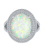 Bling Jewelry White Synthetic Opal Oval Split Shank Pave Cz Accent Double Halo Statement Ring Women .925 Sterling Silver