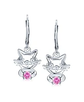 Bling Jewelry Small Kitty Kitten Animal Pet Pink Cz Accent Dangle Girl Earrings For Women .925 Sterling Silver Leverback