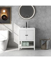 Slickblue Modern Sleek Bathroom Vanity Elegant Ceramic Sink with Solid Wood Frame Open Style Shelf