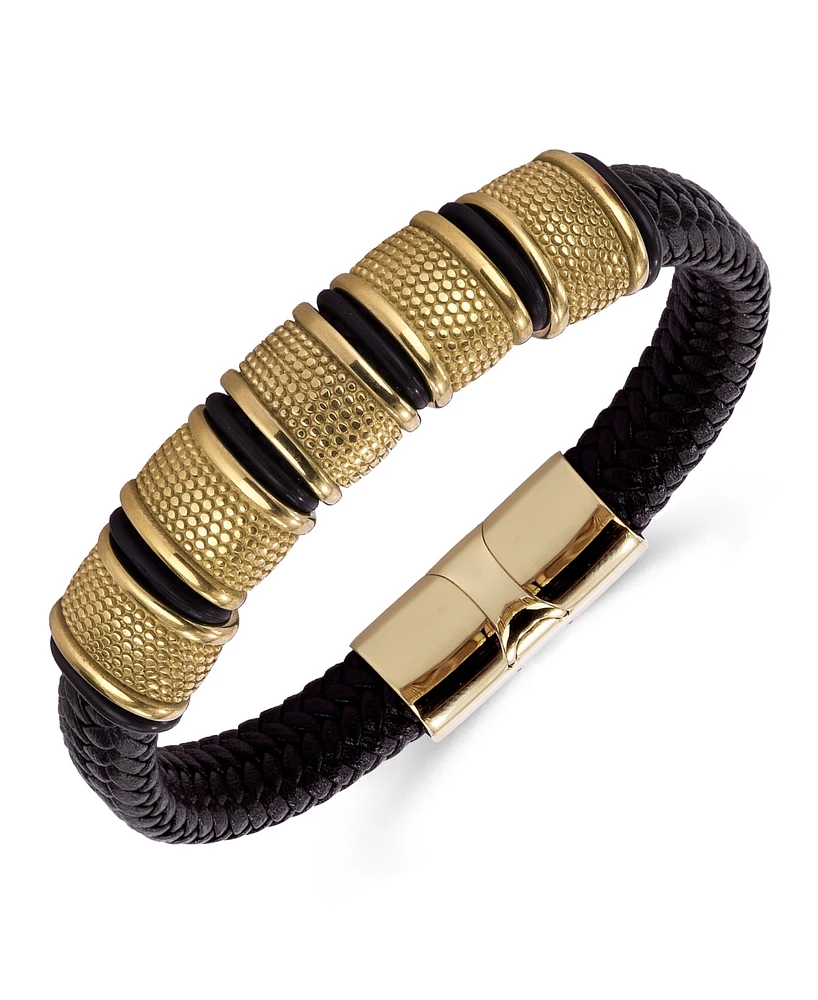 Rhona Sutton Vanguard Gold Black Leather Stainless Steel Bracelet