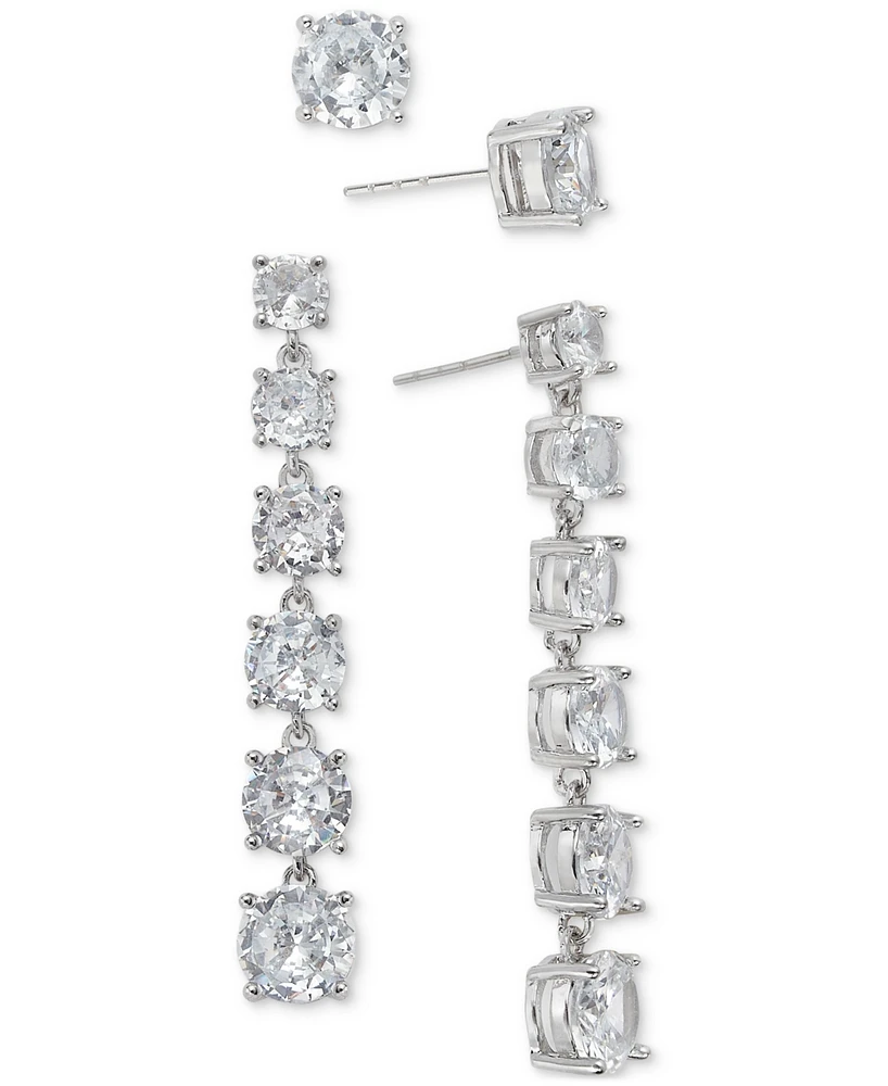 On 34th Silver-Tone 2-Pc. Set Cubic Zirconia Stud & Linear Drop Earrings, Created for Macy's