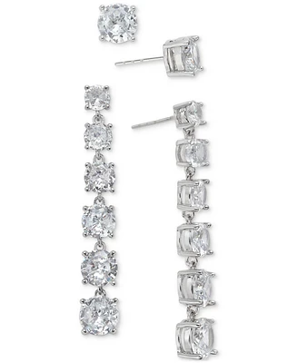 On 34th Silver-Tone 2-Pc. Set Cubic Zirconia Stud & Linear Drop Earrings, Created for Macy's