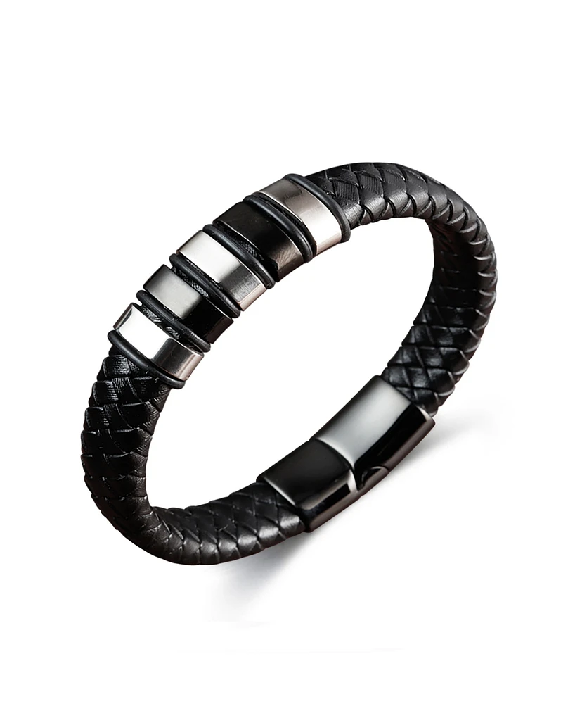 Rhona Sutton Black Nomad Identification Leather Stainless Steel Bracelet