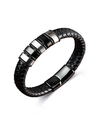 Rhona Sutton Black Nomad Identification Leather Stainless Steel Bracelet